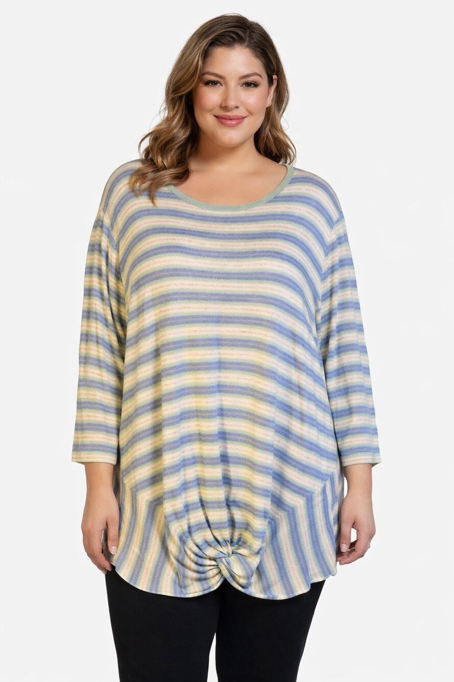New Hearts of Palm Women's Striped 3/4 Sleeve Scoop Neck Top Shirt Tie Waist 2X